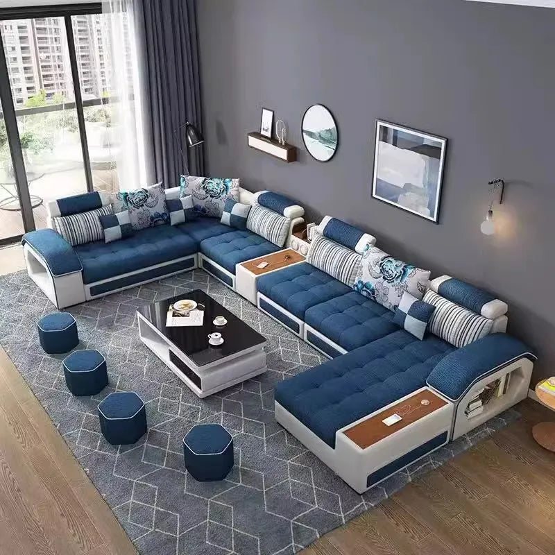 MINGDIBAO U-Shaped Sectional Fabric Sofa Set - Modern Living Room Furniture with Storage, Built-in Side Table, USB, and Cushions