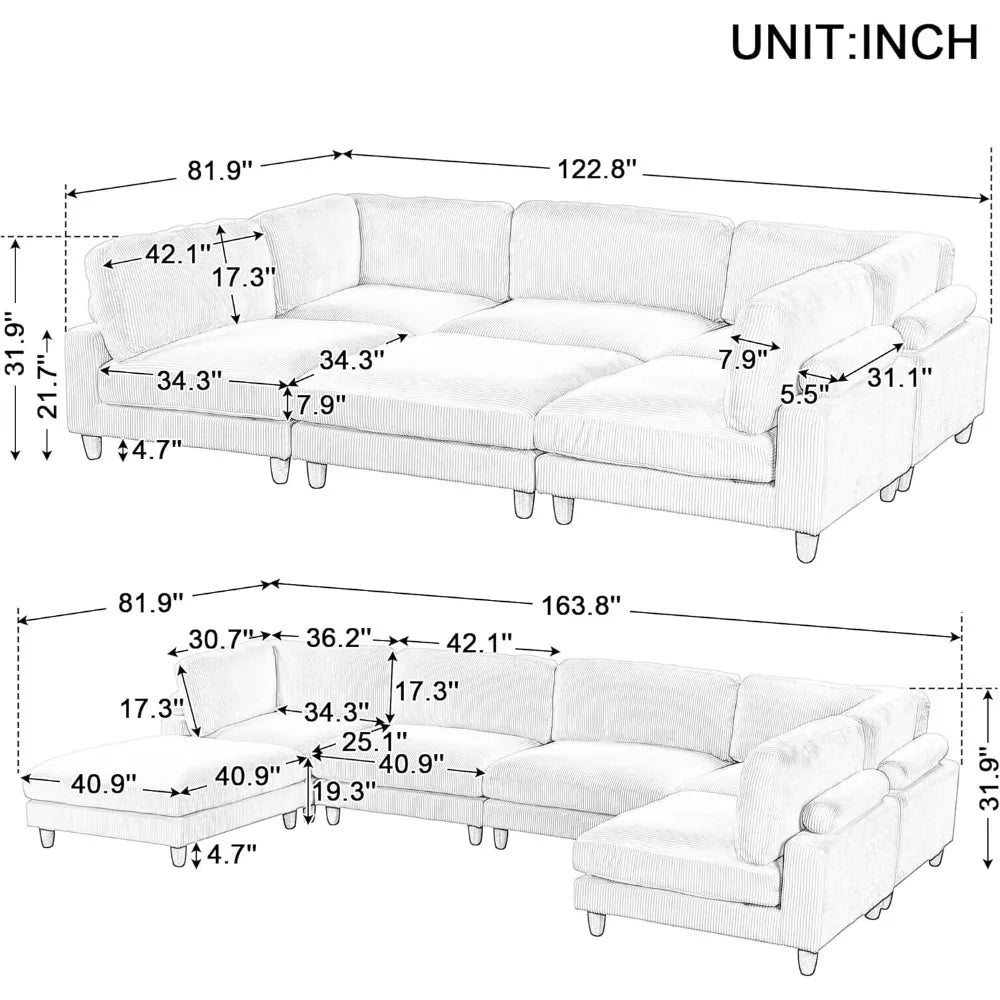 Free Combination Convertible Modular Sectional Sofa with Movable,Oversized Corduroy Upholstered Sleeper Corner Couch Sofabed