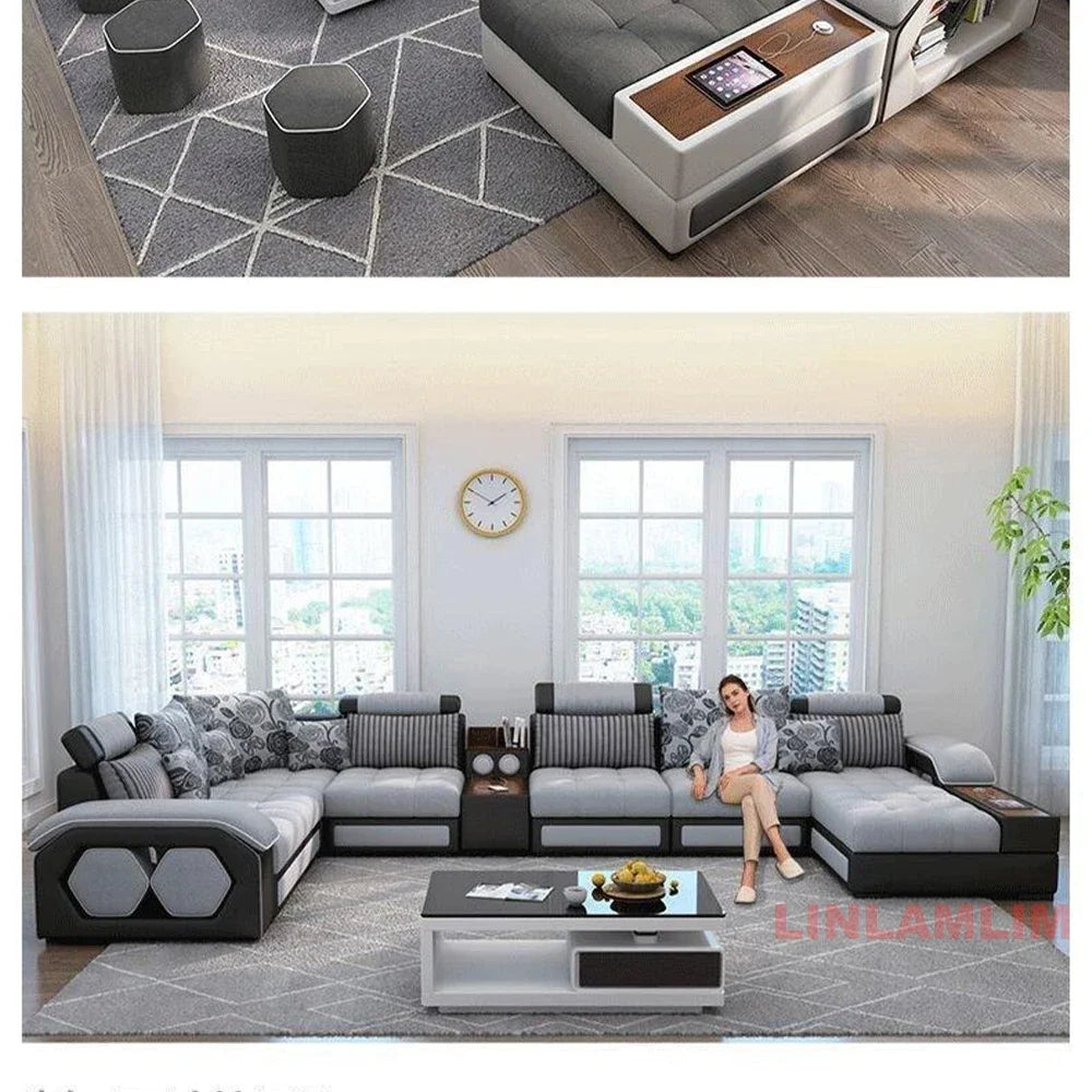 MINGDIBAO U-Shaped Sectional Fabric Sofa Set - Modern Living Room Furniture with Storage, Built-in Side Table, USB, and Cushions