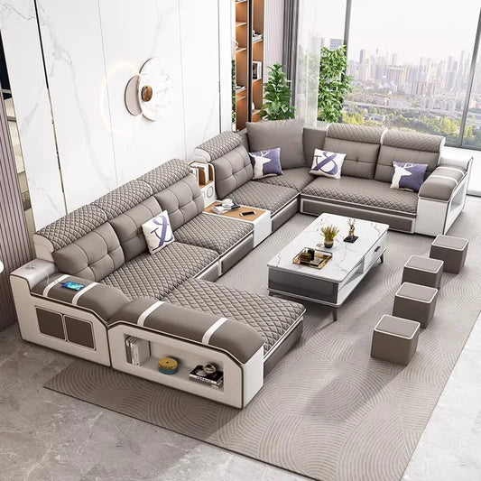 MINGDIBAO Modern U-Shaped Fabric Sectional Sofa with Speaker, Adjustable Headrests,USB Charging - Comfortable Quilted Upholstery