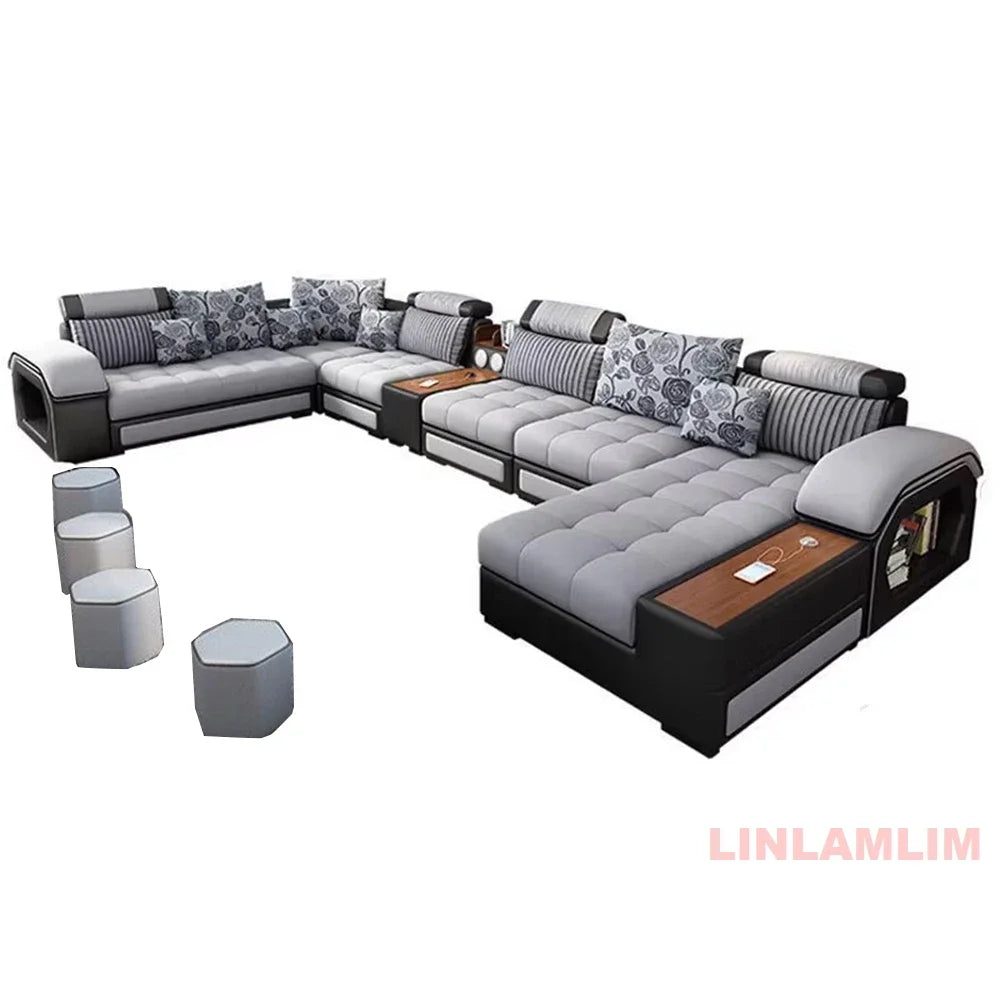 MINGDIBAO U-Shaped Sectional Fabric Sofa Set - Modern Living Room Furniture with Storage, Built-in Side Table, USB, and Cushions