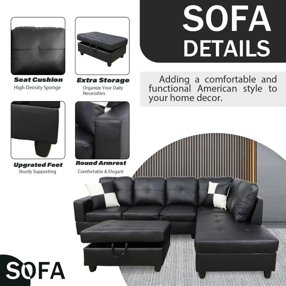 L-Shape Couch Living Room Furniture with Chaise Lounge & Storage , 3-Piece Sectional Sofa Set with Right-Facing Recliner