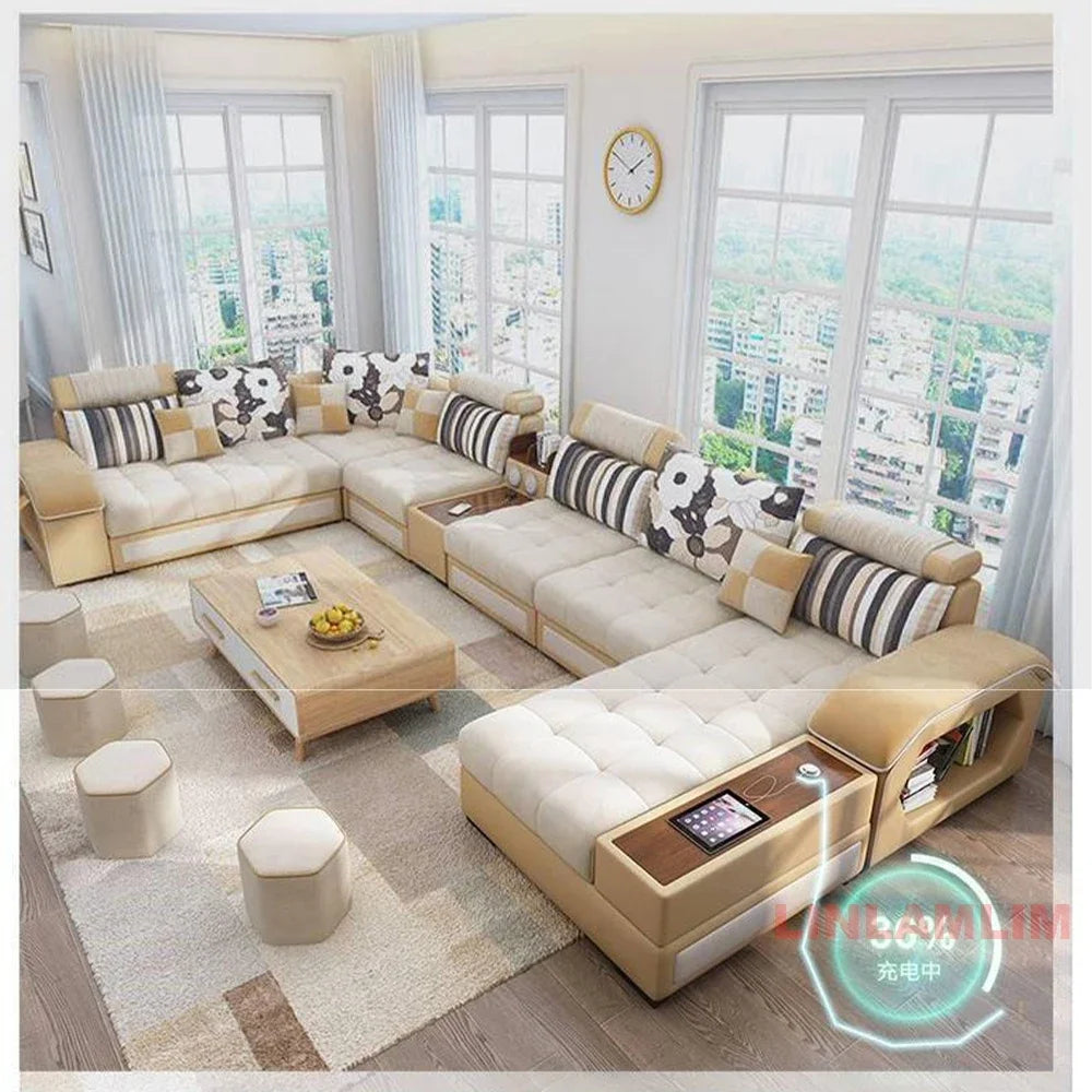 MINGDIBAO U-Shaped Sectional Fabric Sofa Set - Modern Living Room Furniture with Storage, Built-in Side Table, USB, and Cushions