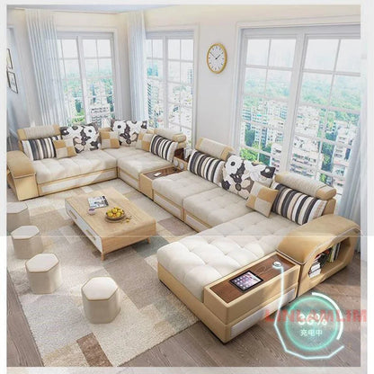 MINGDIBAO U-Shaped Sectional Fabric Sofa Set - Modern Living Room Furniture with Storage, Built-in Side Table, USB, and Cushions